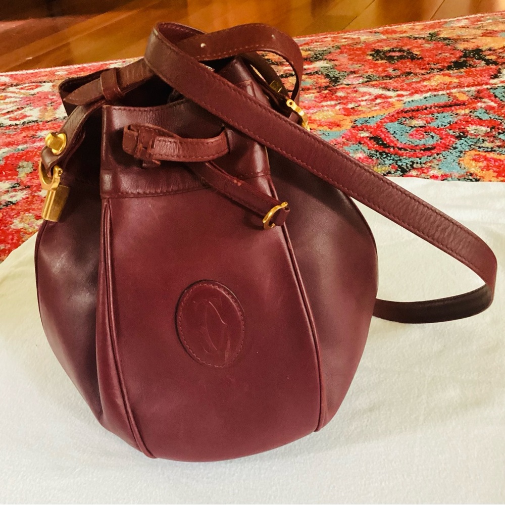 CARTIER Elegant Burgundy Leather Bucket Bag EUC